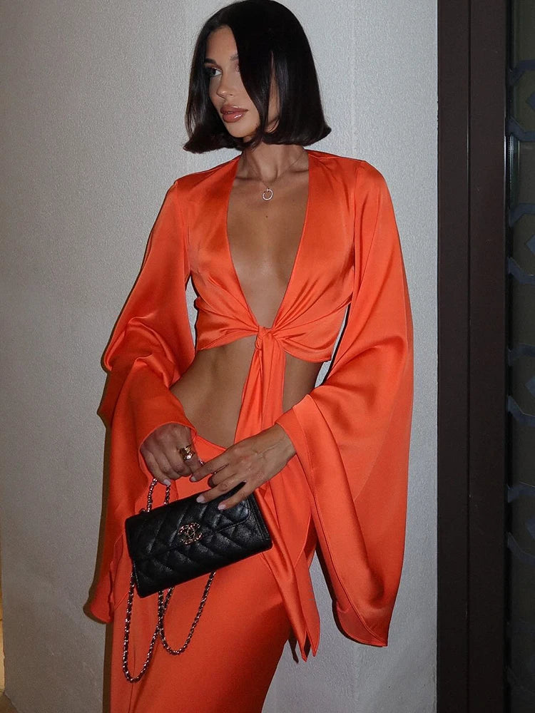 Huhugirl Sets Women Fashion Sexy Streetwear Solid Flare Sleeve Deep V-Neck Tracksuits (Tops+Long Skirts)Matching 2 Pieces Female