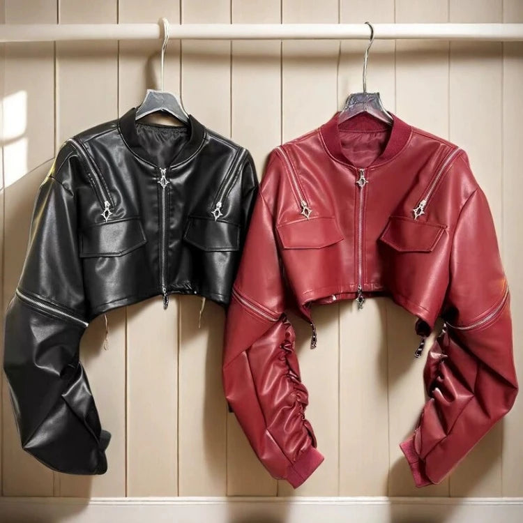 2025 Y2k Aesthetic PU Leather Jacket Womens Streetwear Pleated Grunge Solid Jackets Loose Harajuku Zipper Female Punk Crop Coat