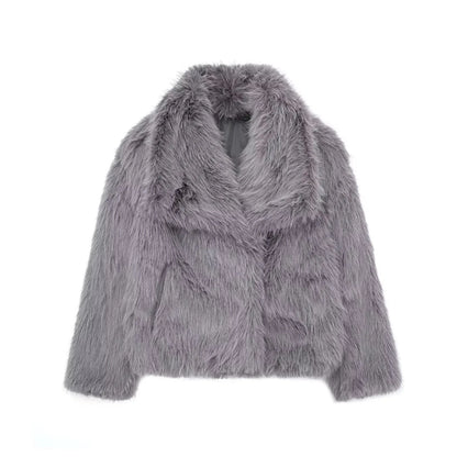 TRAFZA Female Vintage Artificial Fur Effect Coats Lapel Warm Plush Long Sleeves Hidden Buttons Autumn Winter Casual Outerwear