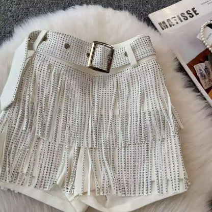XFPV American Style Women's Shorts Summer Belt Gathered Waist Zipper Spliced Beading Tassel Shorts Female New Fashion 22D1803