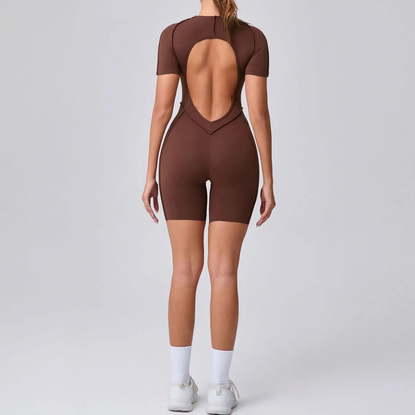 Customized LOGO women's three-dimensional aesthetic sports one-piece yoga clothes tight short-sleeved hollow back onesie
