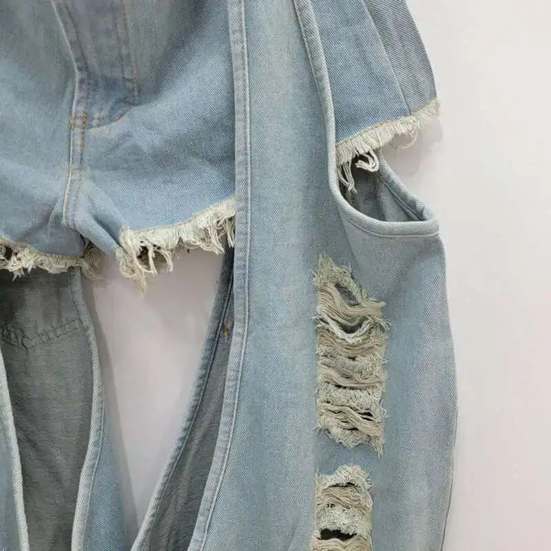 DEAT Fashion Women's Worn-out Hole Belt Denim Pants Splicing Low Waisted Shorts Two-piece Set Female 2024 Autumn New 11A01141