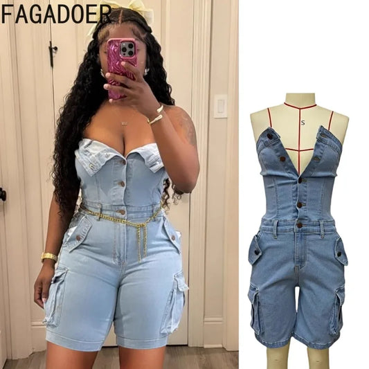 FAGADOER Fashion Cargo Pocket Patchwork Denim Romper Women Button Backless Sleeveless Jumpsuit Female Streetwear Overalls 2025