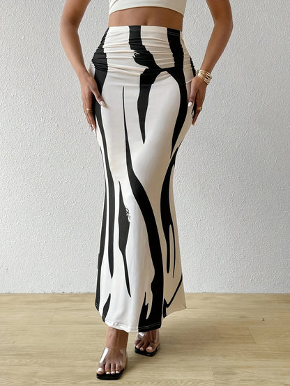 Long Skirts For Women Dressy Casual Graphic Zebra Print Pleated Skirts Spring New Fashion Elastic High Waist Geometry Streetwear