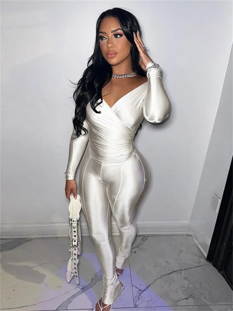 Simenual Casual Skinny Women Two Piece Set Sexy Deep V Crop Tops High Waist Pants Cyber Y2K Outfits Slim Co Ord Suits Streetwear