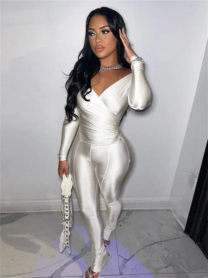 Simenual Casual Skinny Women Two Piece Set Sexy Deep V Crop Tops High Waist Pants Cyber Y2K Outfits Slim Co Ord Suits Streetwear