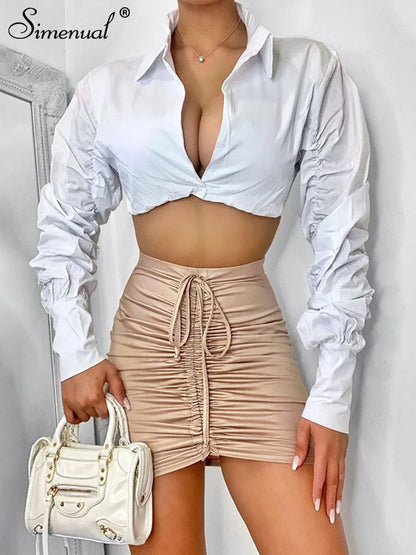 Simenual Button Ruched White Puff Sleeve Blouse Shirts Women Long Sleeved Fashion Fall 2021 Clothing Crop Blouses Solid Baddie