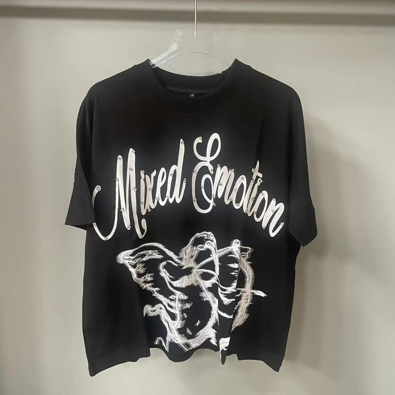 New Summer Letter Rhinestone Short Sleeve Black Mens Tshirts Streetwear Cotton Loose Round Neck Top Tees Oversized Unisex Tshirt