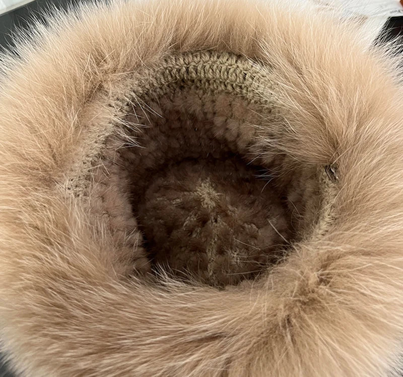 New Genuine Real Natural Knitted Mink Fur Hat Cap Luxury Women Handmade Knit Fashion Winter Headwear Warm Real Fox Fur Beanies