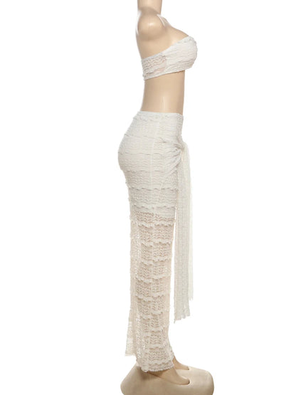 Weird Puss Elegant Women 2piece Set Sexy See Through Thin Tierred Y2K Seashell Tube Top+Wrapped Bandage Skirts Matching Clubwear