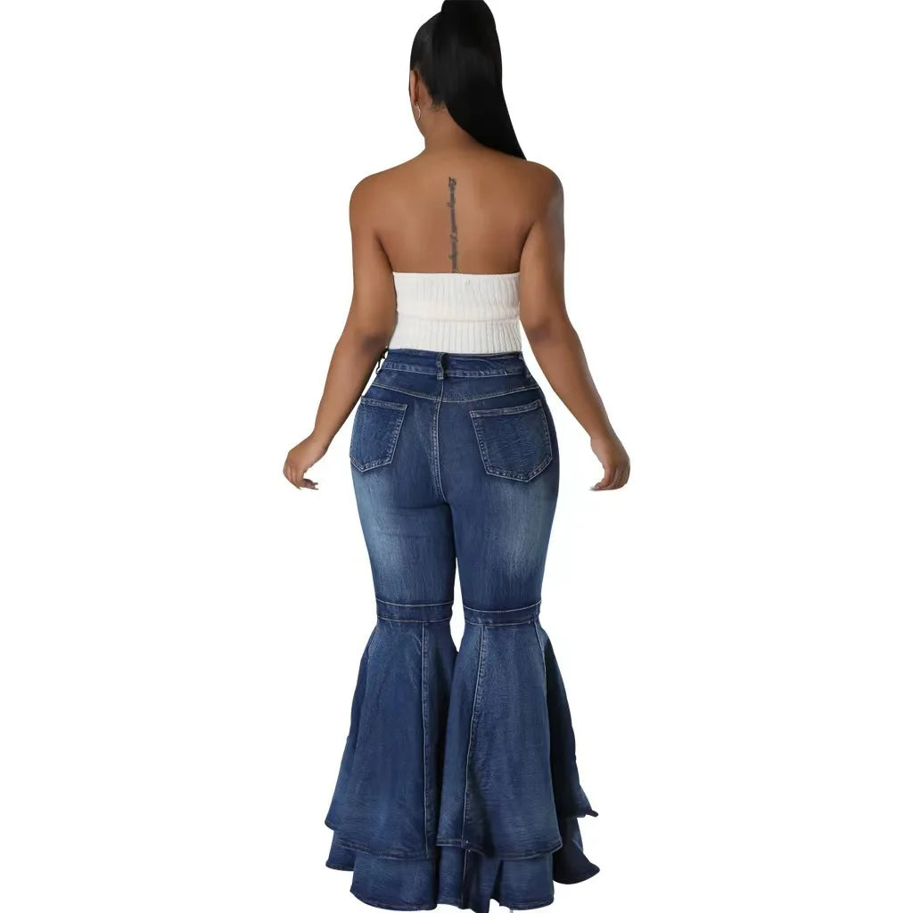 Fashion Versatile Wide Leg Washed Denim Stretch Flared Pants Women