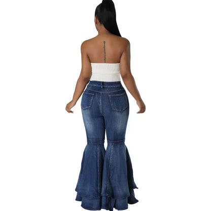 Fashion Versatile Wide Leg Washed Denim Stretch Flared Pants Women