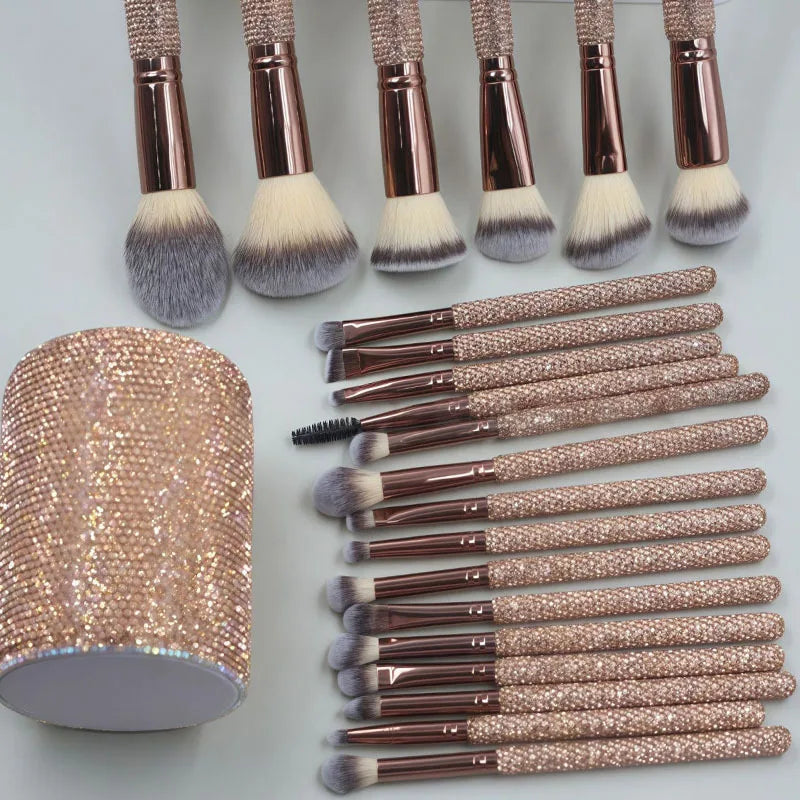 Glitz and Glam Brush Set 23pcs Bundle RHINESTONE Glam Brush Set Bling Makeup Brushes Diamond Makeup Brush Storage Bucket withbox