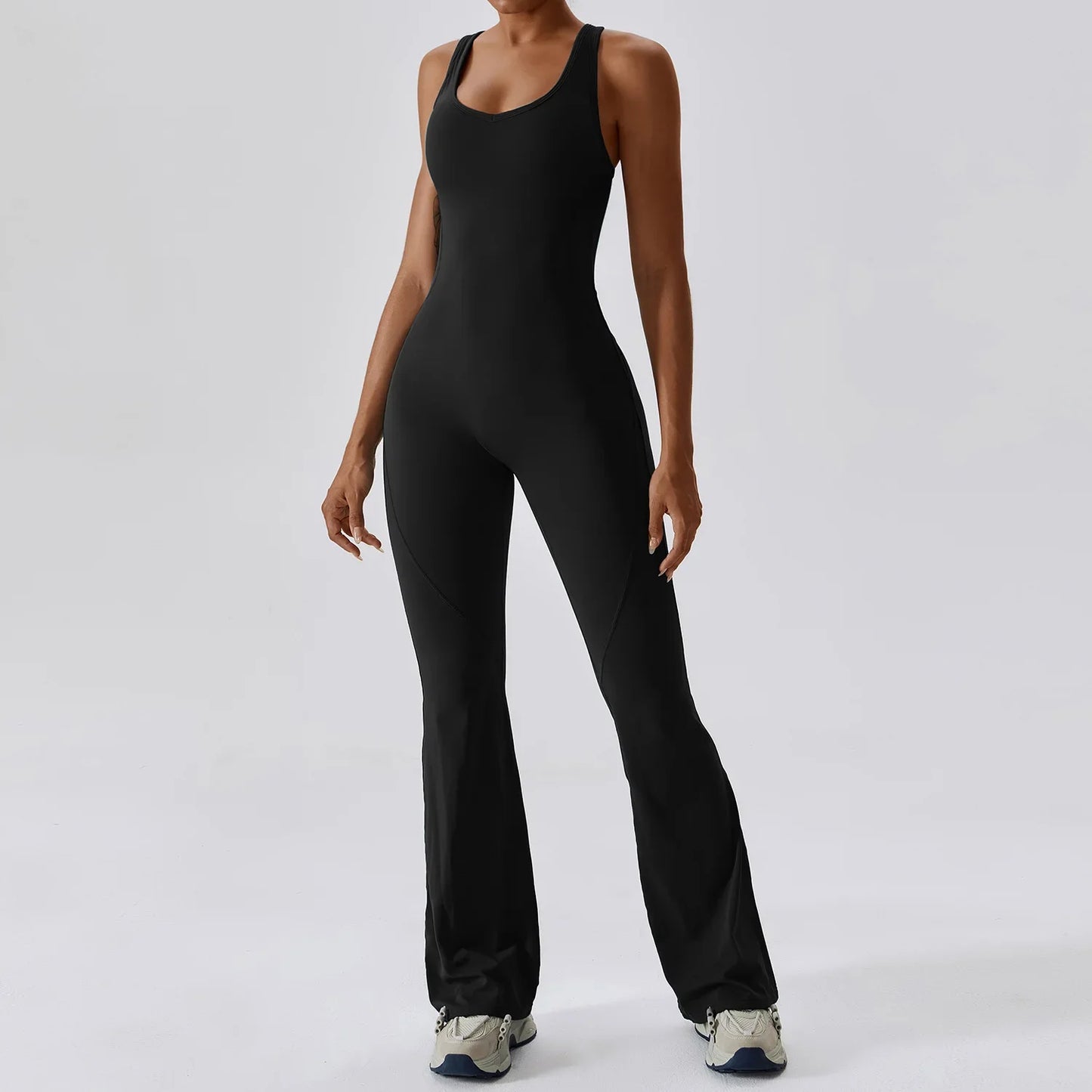 Custom Logo Outdoor Backless High Elastic Fitness Active Yoga Jumpsuit and Rompers One Piece Flared Pants Sets Sports Yoga Wear