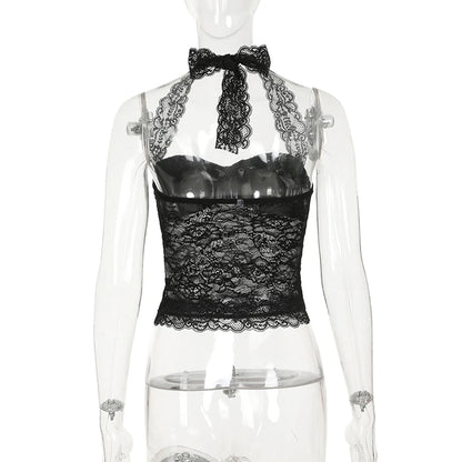 Cuteandpsycho Sexy Lace Patchwork Y2K Camisoles Backless Transparent Slim Outfits Party 90s Vintage Clubwear Halter Neck Tops