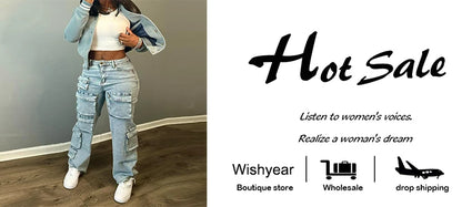 Sweatpants Multi Pockets Stretch Denim Cargo Pants Women Button Fly High Waist Loose Straight Baggy Jeans Trousers Streetwear