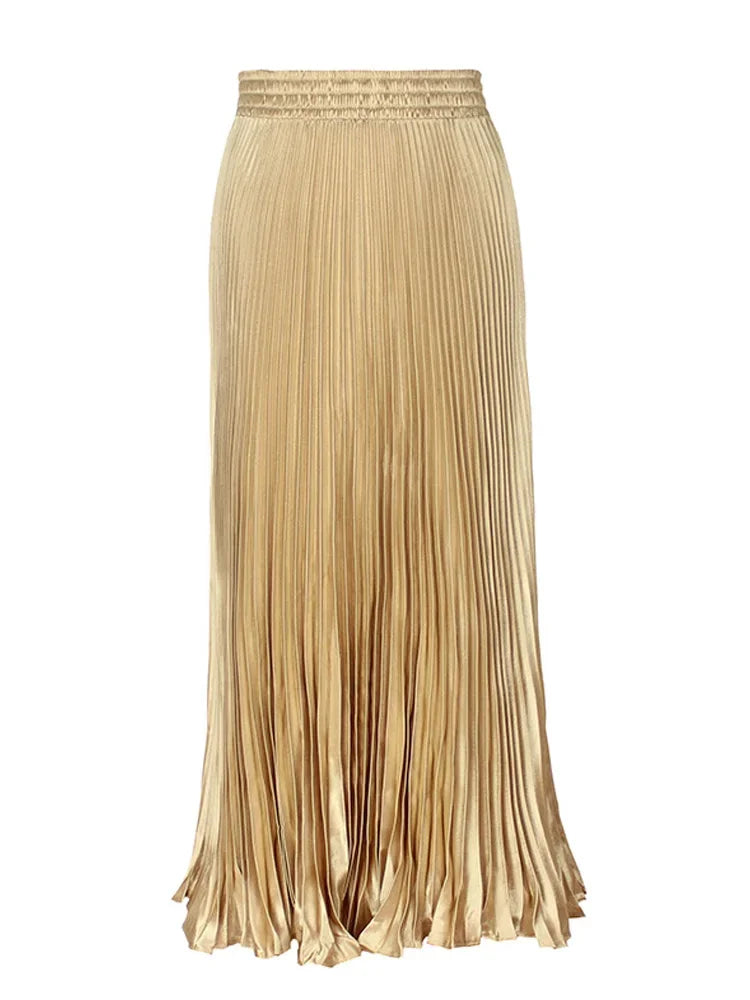 Women's Fashion Pleated Mermaid Long Skirt Korean Style Casual High Waist Satin Flowy Skirts Shiny 19 Colors 2024 Spring SK500
