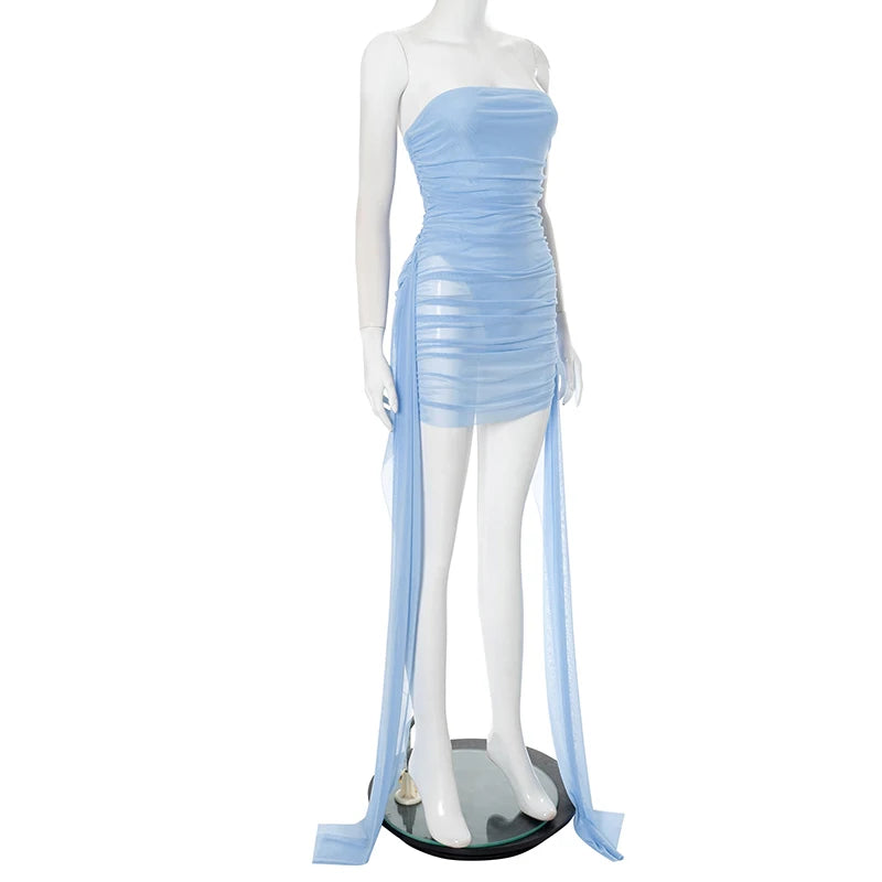 CUTENOVA Women'S Sexy Fashion Fake Two-Piece Mesh Patchwork Chest Fluttering Belt Shrink Pleated Slim Dress Summer New Street