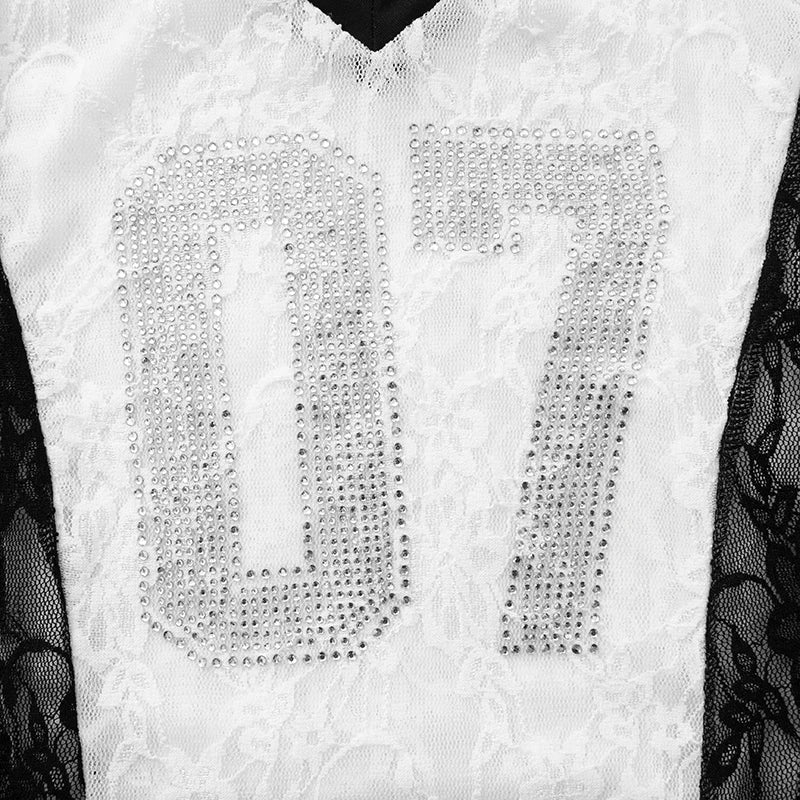 CUTENOVA 2025 Spring And Summer New Letters V Neck Rhinestone American Lace Color Collision Patchwork Top T-Shirt Streetwear