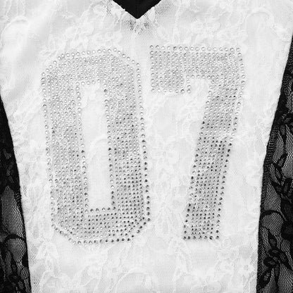 CUTENOVA 2025 Spring And Summer New Letters V Neck Rhinestone American Lace Color Collision Patchwork Top T-Shirt Streetwear