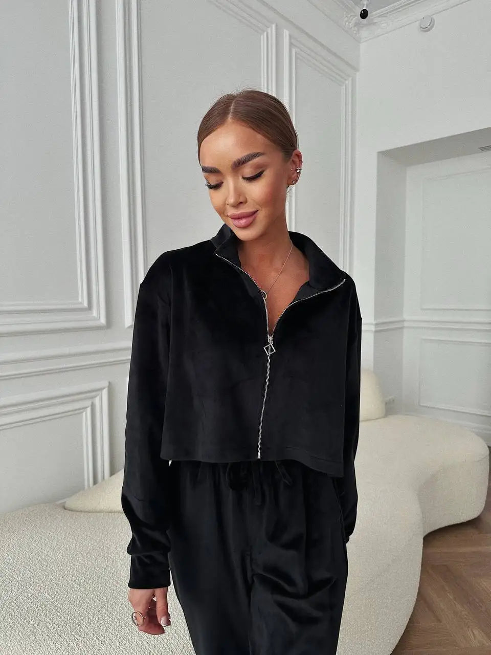Autumn And Winter Long-sleeved Zipper Lapel Jacket Elastic Waist Wideleg Trousers Velvet Casual Two-Piece Suit For Office Ladies