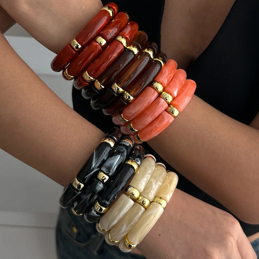 PuRui 3Pcs/Set Bohomia Colorful Bamboo Tube Stackable Plastic Beads Bracelet for Women Vintage Elastic Bangle Couple Jewelry
