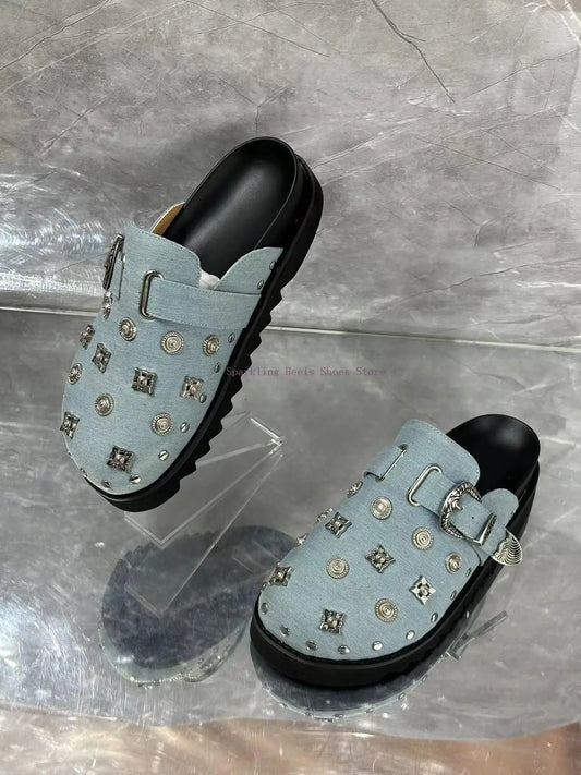 High Quality Woman Rivet Slipper Shoes Comfortable Slip On Round Toe Female Blue Leather Buckle Decoration Mules Shoes