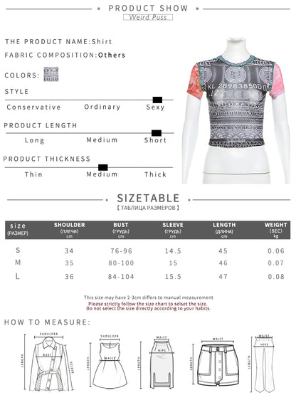 Weird Puss See Through Crop Tops Women Numeral Print Short Sleeve O-Neck Sexy Club Patchwork Streetwear Skinny Hot Girls Tees