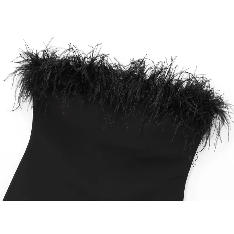 MUJER Black Feather Crop Top Women off Shoulder Corset Top Female Sexy Backless Tube Tops for Women Strapless Bustier Top Woman