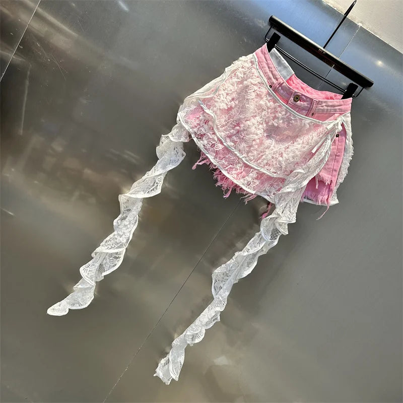 Ruffle Leaf Edge Irregular Curtain Skirt Sweet A Line Skirt Lace Splicing Denim Shorts Street Hipster Denim Shorts Women