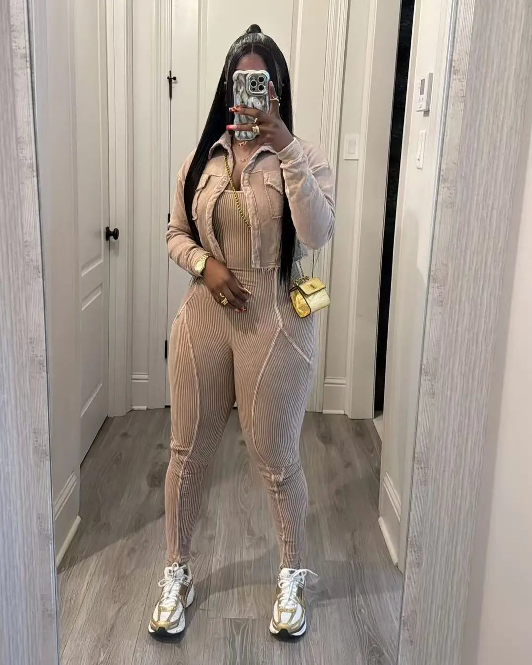 FAGADOER High Quality Rib Women 2 Piece Set Outfit Fashion Long Sleeve Crop Jacket + Bodycon Jumpsuits Suits Clothing 2025 New