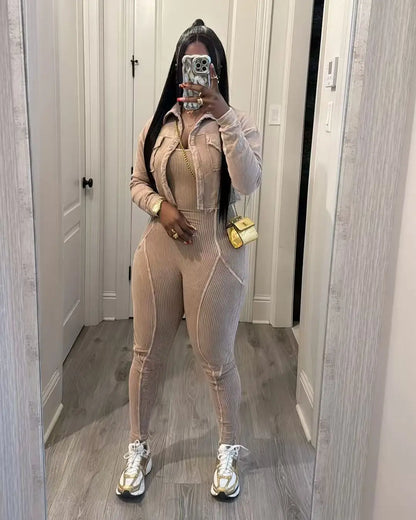 FAGADOER High Quality Rib Women 2 Piece Set Outfit Fashion Long Sleeve Crop Jacket + Bodycon Jumpsuits Suits Clothing 2025 New