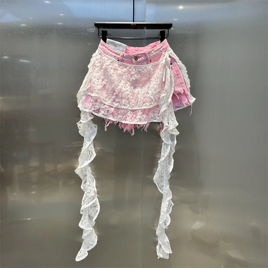 Ruffle Leaf Edge Irregular Curtain Skirt Sweet A Line Skirt Lace Splicing Denim Shorts Street Hipster Denim Shorts Women