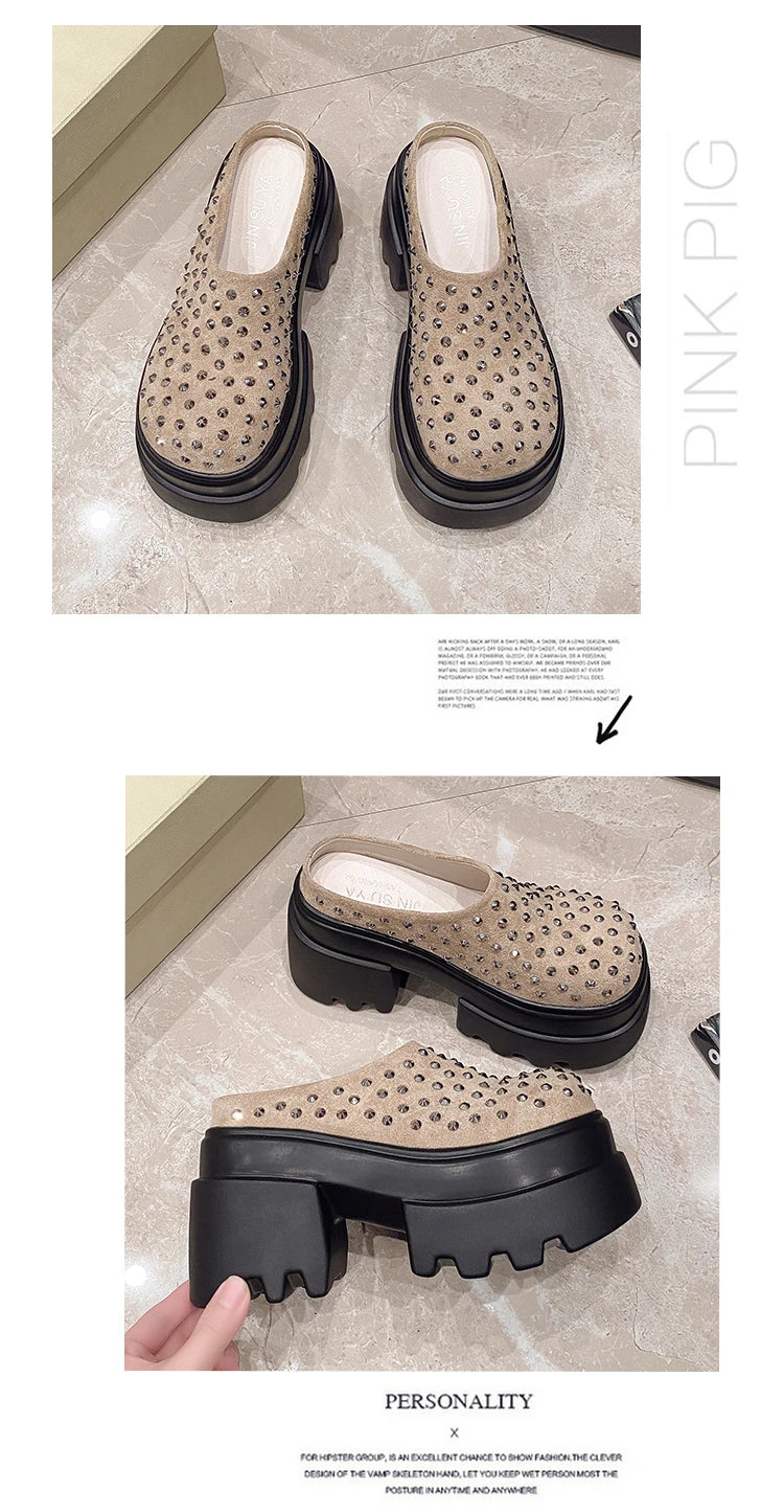 10CM New Rivet Platform Women Slippers Fashion Chunky High Heeled Sandals Comfort Roma Style Round Toe Slide Mule Shoes Summer