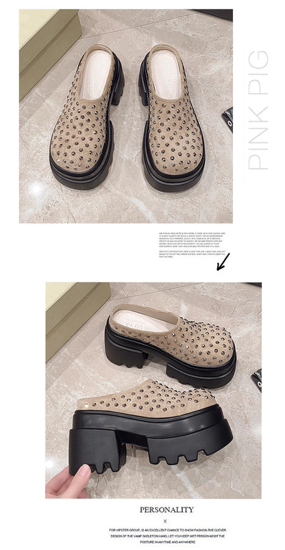 10CM New Rivet Platform Women Slippers Fashion Chunky High Heeled Sandals Comfort Roma Style Round Toe Slide Mule Shoes Summer