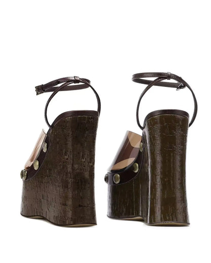 Large Rivets Embedded PVC Strap Women’s Sandals Peep Toe Wedges Super High Heels Tall Platform Sandales à Talons Heighten Shoes