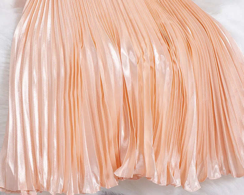Women's Fashion Pleated Mermaid Long Skirt Korean Style Casual High Waist Satin Flowy Skirts Shiny 19 Colors 2024 Spring SK500
