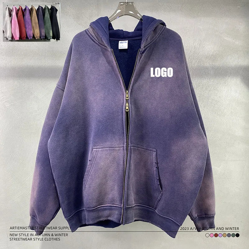 Custom LOGO winter clothing fleece thickened 360G cotton polyester spray-dyed old double zipper men's and women's sweater hoodie