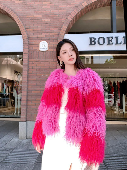 Faux Fur Coats Women Lamb Wool Short Coat Y2k Streetwear Thick Warm Y2k Streetwear Elegant Pink Jackets Open Stitch Jacket