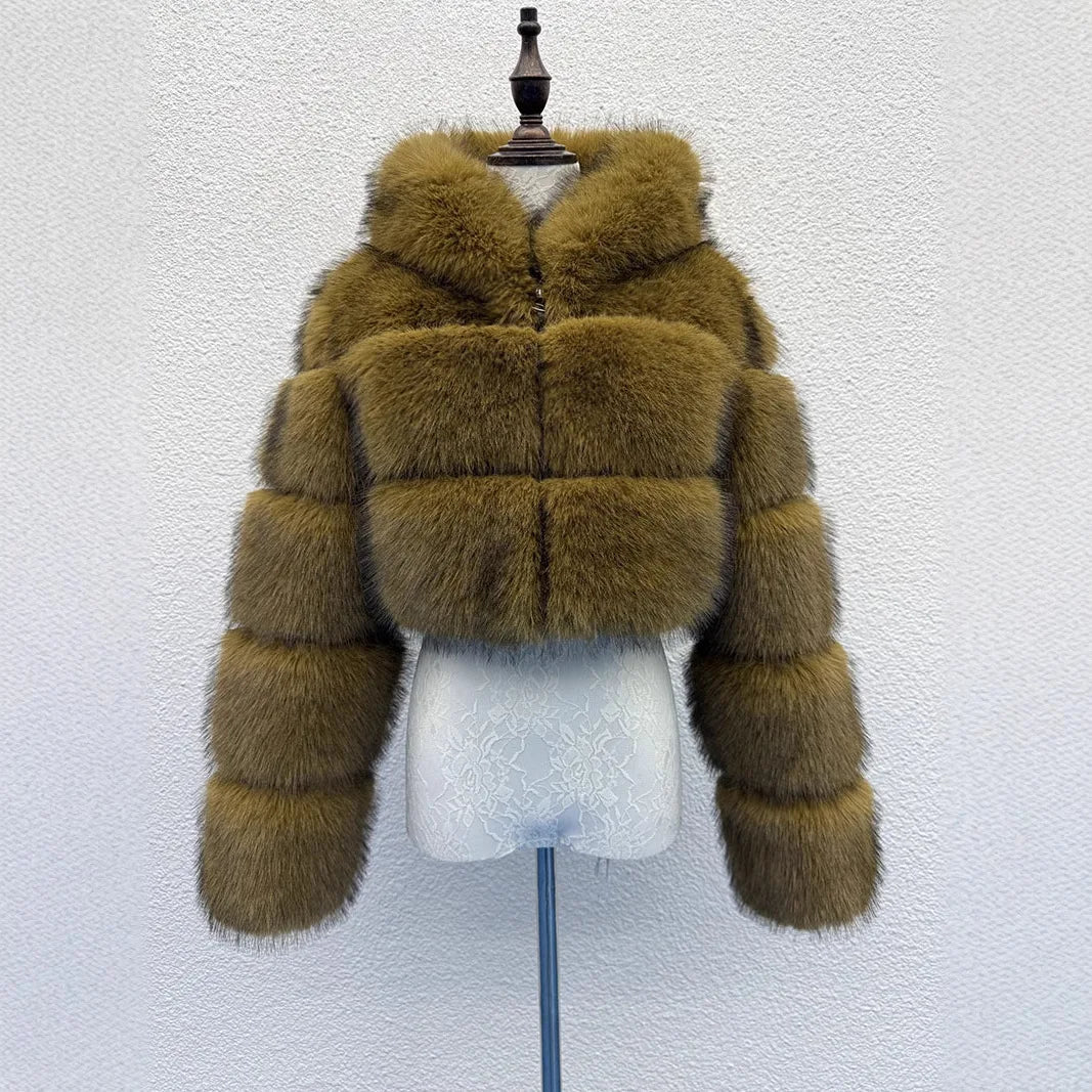 S-6XL Women Coat Autumn Winter Short Hooded Faux Fox Fur Coat Thick Warm Outerwear Fake Fur Woman Jackets Ladies Furry Coats