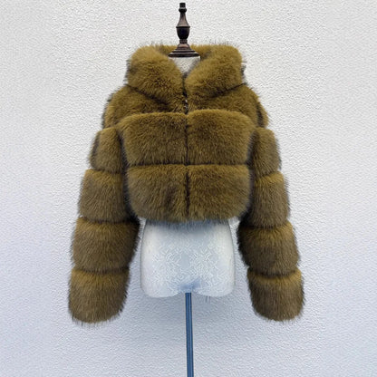 S-6XL Women Coat Autumn Winter Short Hooded Faux Fox Fur Coat Thick Warm Outerwear Fake Fur Woman Jackets Ladies Furry Coats