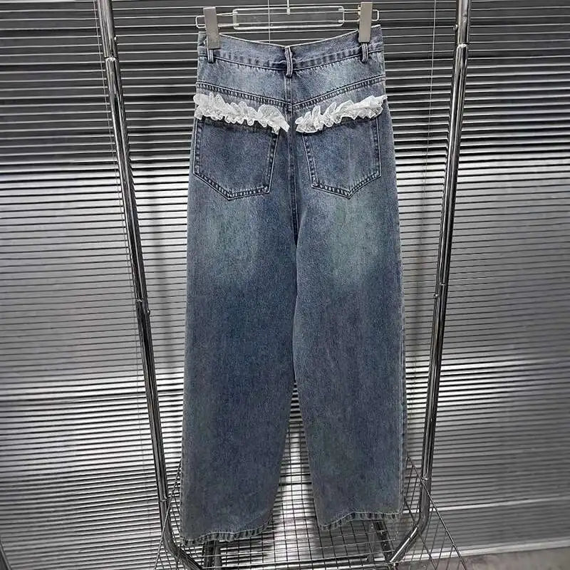 DEAT Women's Fashion Retro Lace Patchwork Denim Long Pants High Waist Wide Leg Jeans Female 2024 Arrival Winter New 11A02128