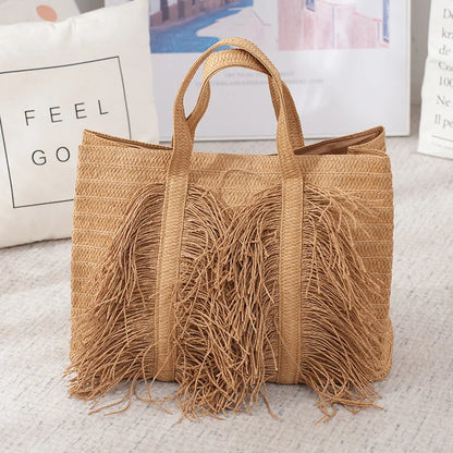 Large Capacity Straw Tote Bags for Women Designer Handbags Bohemian Tassel Beach Bag Handmade Woven Shoulder Bag Travel Shopper