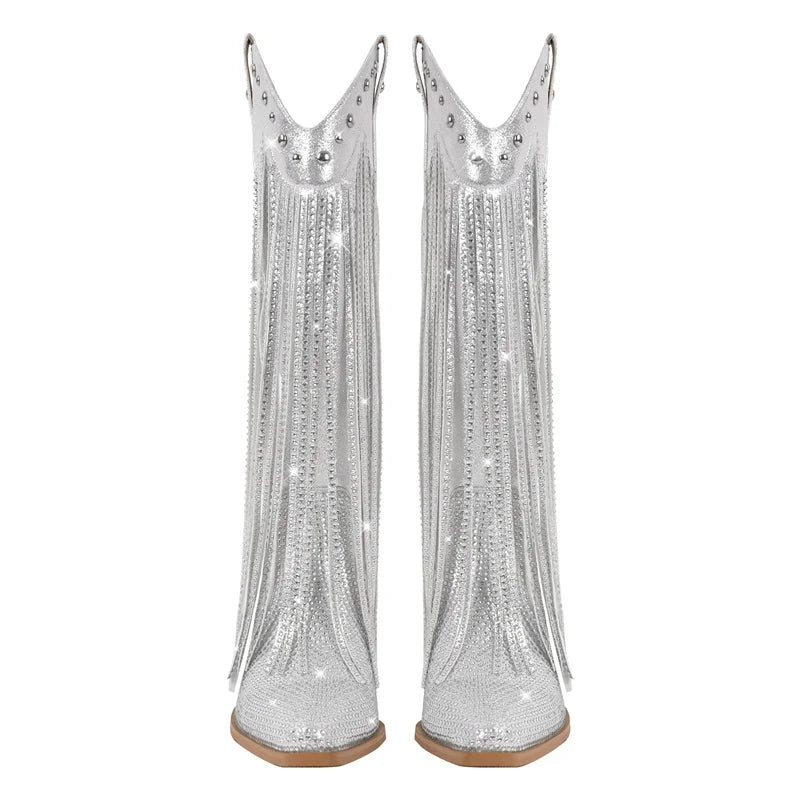 Onlymaker Women Sliver Rhinestone Fringe Knee High Western Boots Big Size Block Heel Pull-On Cowgirl Boots