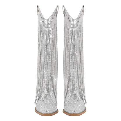 Onlymaker Women Sliver Rhinestone Fringe Knee High Western Boots Big Size Block Heel Pull-On Cowgirl Boots