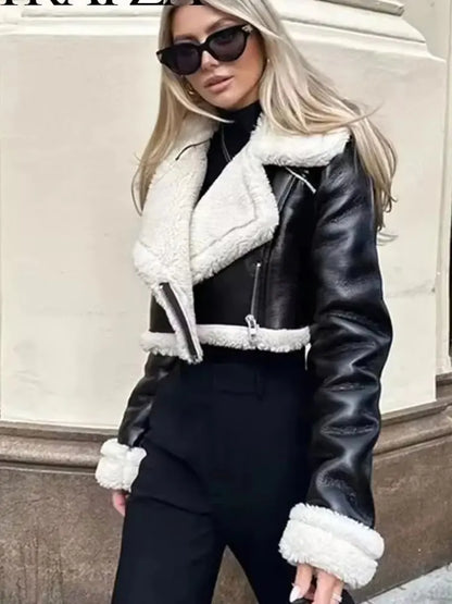 HH Women Faux Leather Thicken Short Jacket Vintage Front Zipper Lapel Long Sleeve Coat Winter Women Warm Casual Outerwear