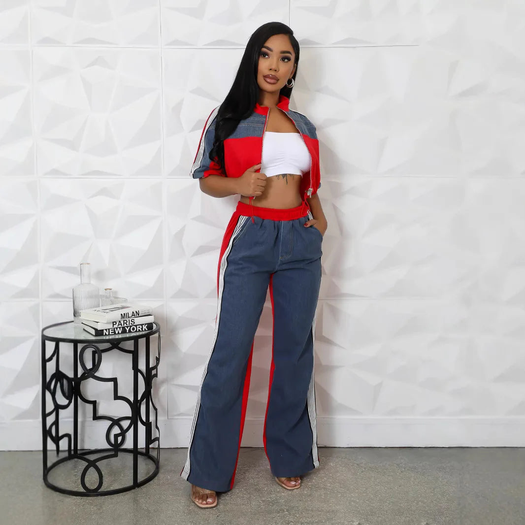 Pant Set Women Two Piece Sets Denim Matching Sets Jogger Tracksuit Matching Sets Zipper Tops Wide Leg Long Pants Elastic Waist