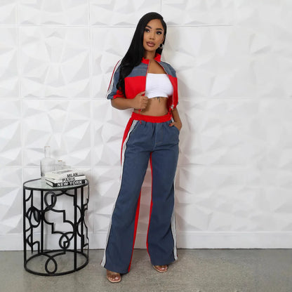 Pant Set Women Two Piece Sets Denim Matching Sets Jogger Tracksuit Matching Sets Zipper Tops Wide Leg Long Pants Elastic Waist