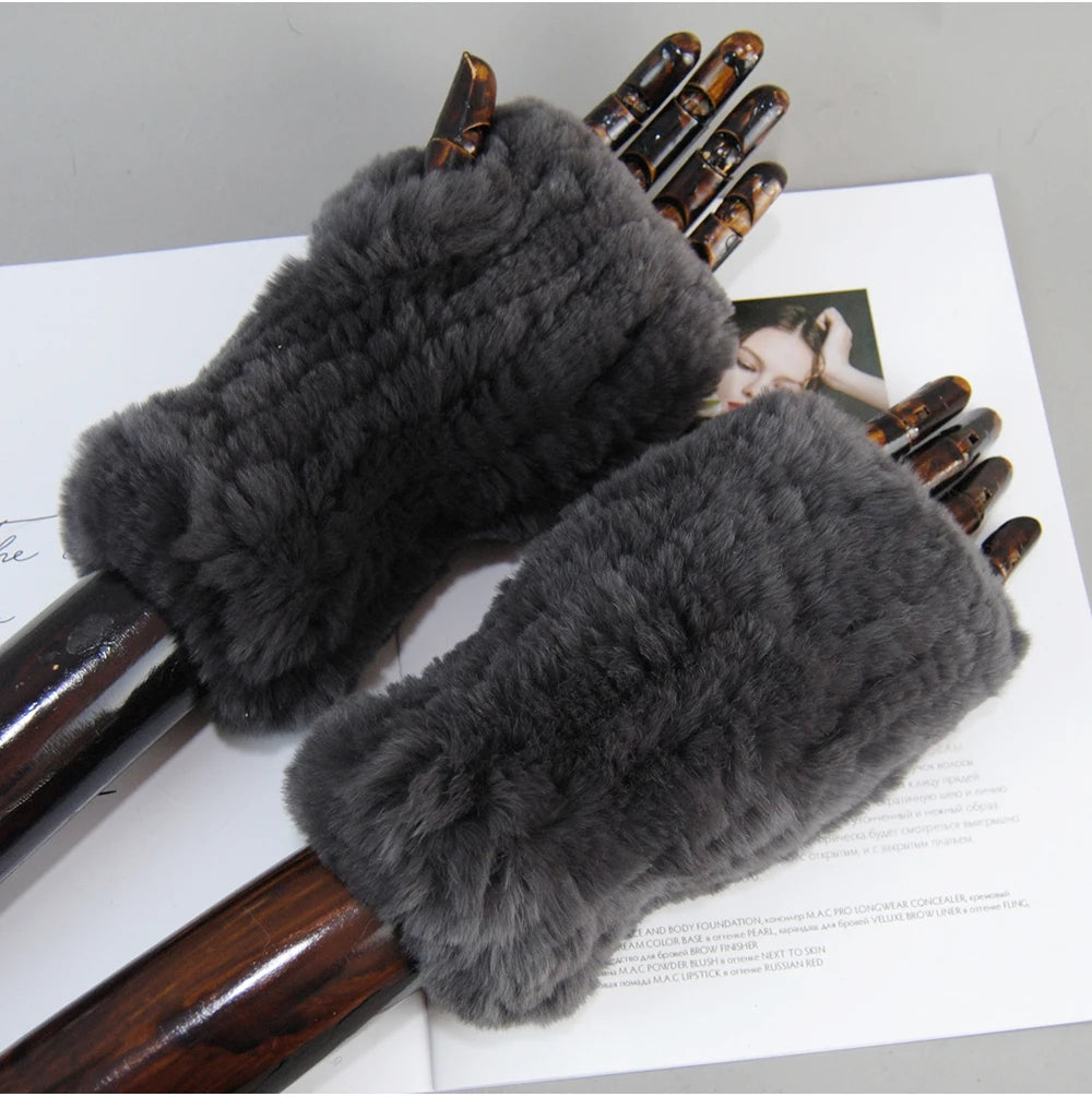 New Arrival Women Knit Fur Mitten Girls 100% Real Genuine Knitted Rex Rabbit Fur Mittens Winter Warm Real Fur Fingerless Gloves