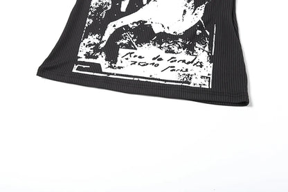 kliou Modern Printed Women Vests Vintage Sexy New Low Neck Ribbed Stretch Lengthen Tank Tops Female Trend Attractive Streetwear